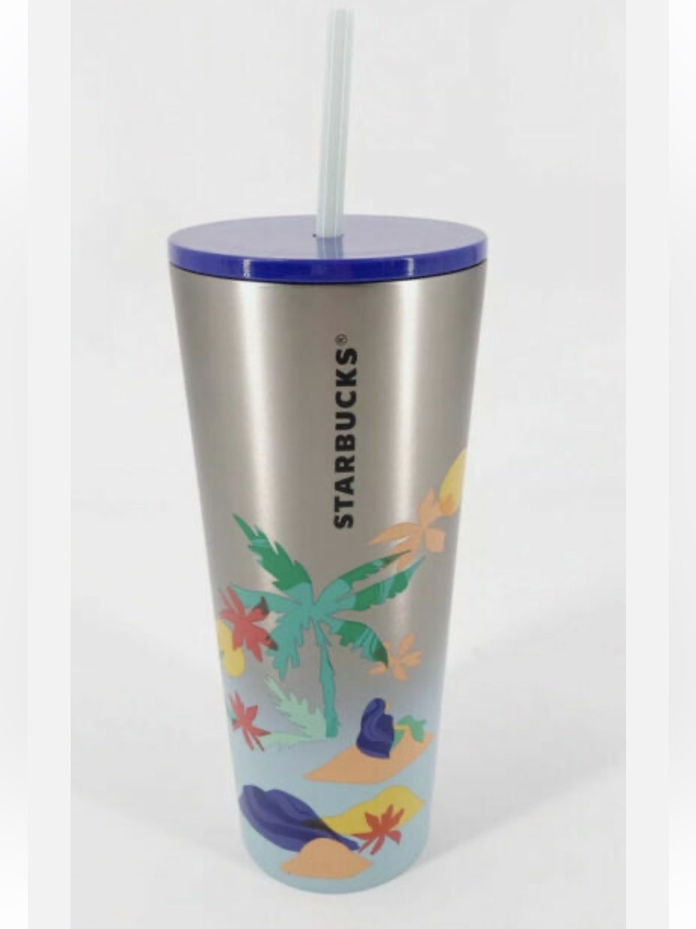 Starbucks Silver Tumbler with Blue Lid and Tropical Print